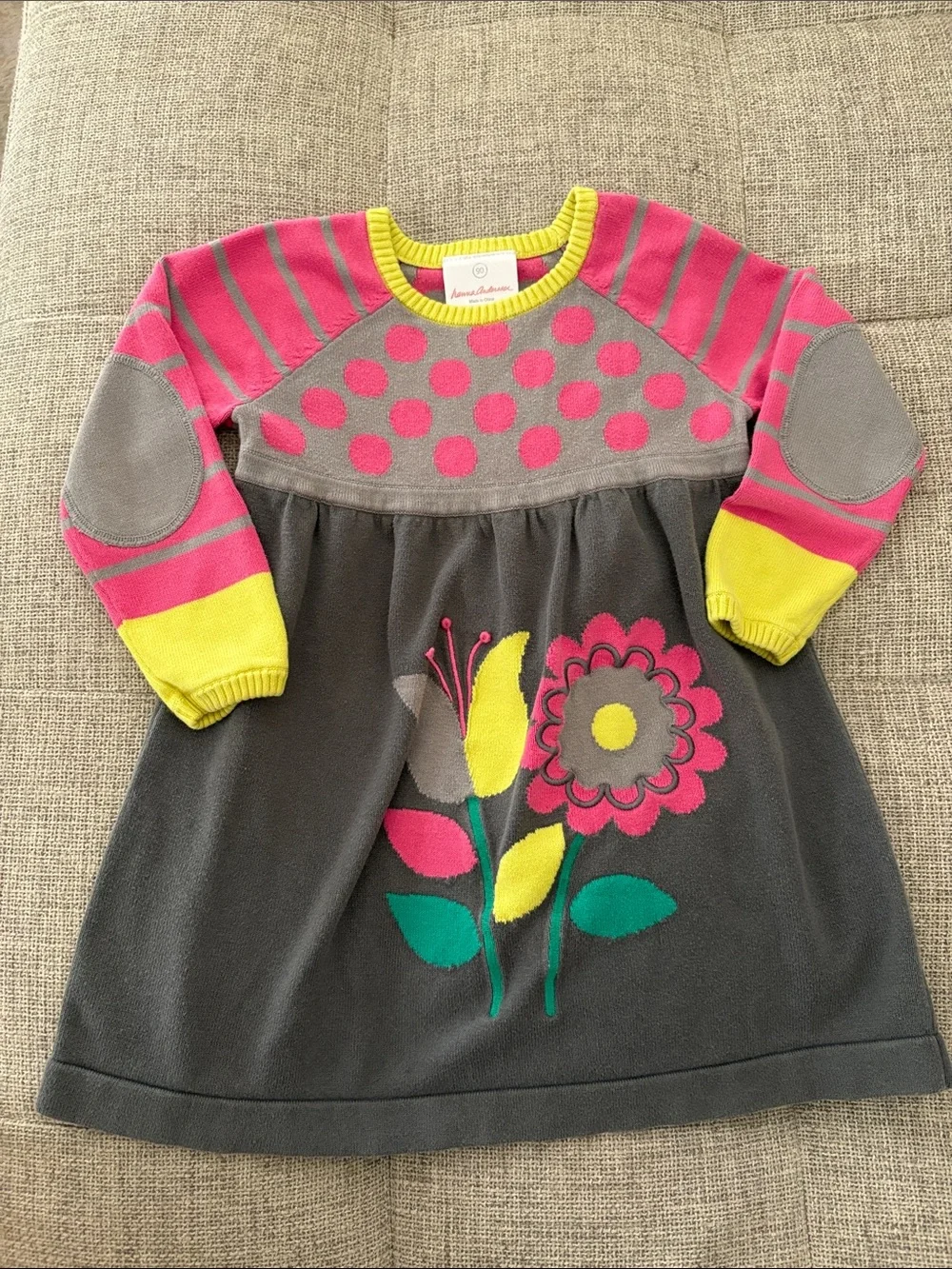 hanna andersson knit dress Gray with Pink Polka Dots and Yellow Trim General Fabric: Crepe